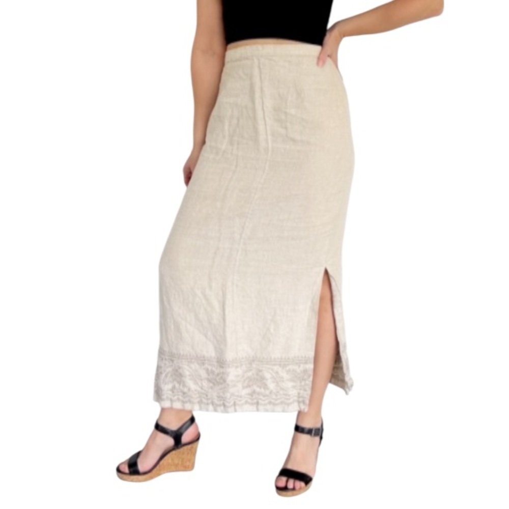 British Khaki natural tan 100% linen embroidered high rise maxi skirt size 6